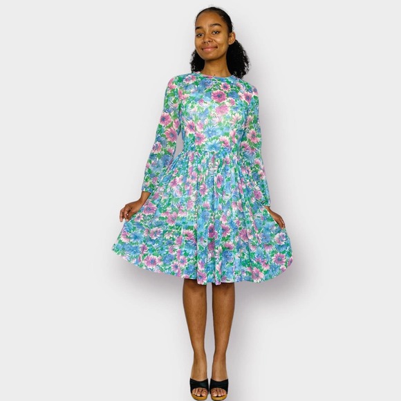 60s Pink and‎ Blue Floral Dress - Picture 1 of 7